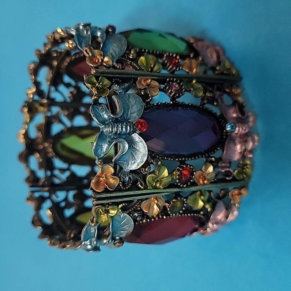 Vintage Colorful Floral Rhinestone Memory Wire Panel Cuff Bracelet, Brass Tone